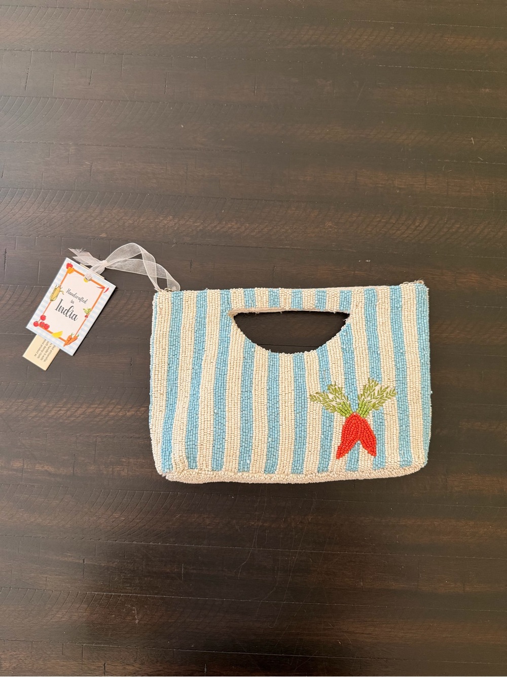 Striped Beaded Clutch with Red Floral Accent - Blue & White